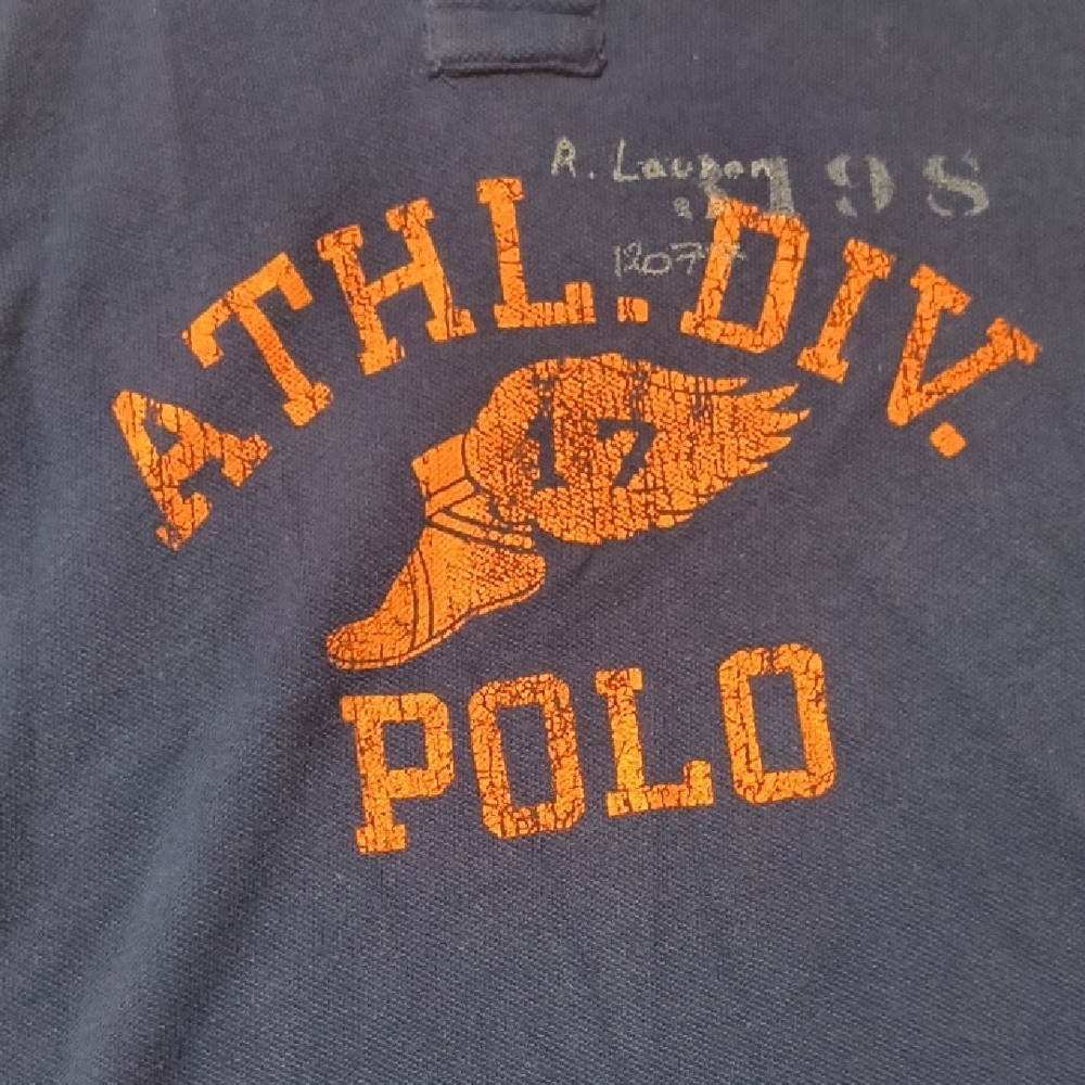 Ralph Lauren Navy Tee with Orange ATHL. DIV. Graphic